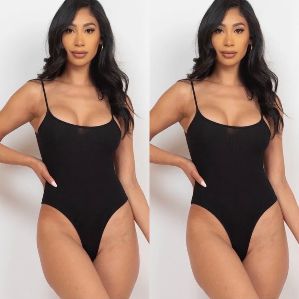 BASIC BLACK RIBBED SKINNY STRAP CAMI THONG BODYSUIT